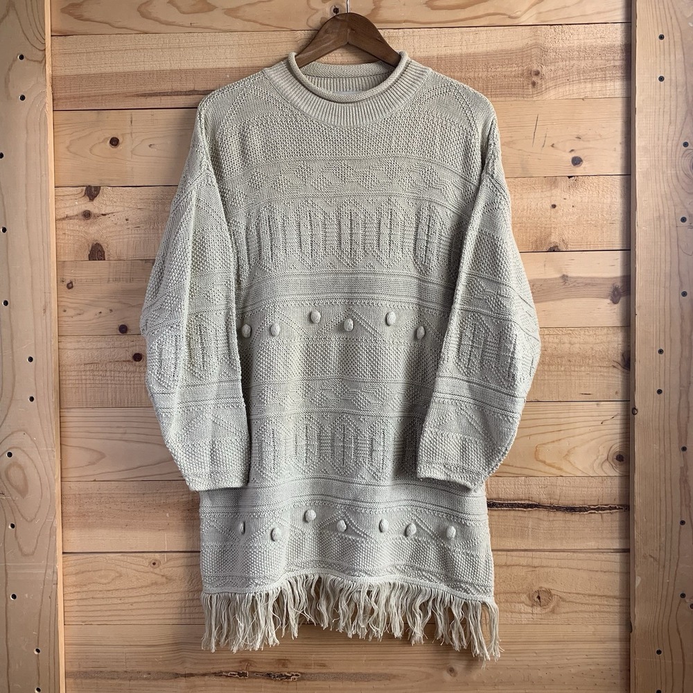 VTG Boundary Waters Tunic Sweater Women's L Tan Knit 3/4 Sleeve Fringe Boho